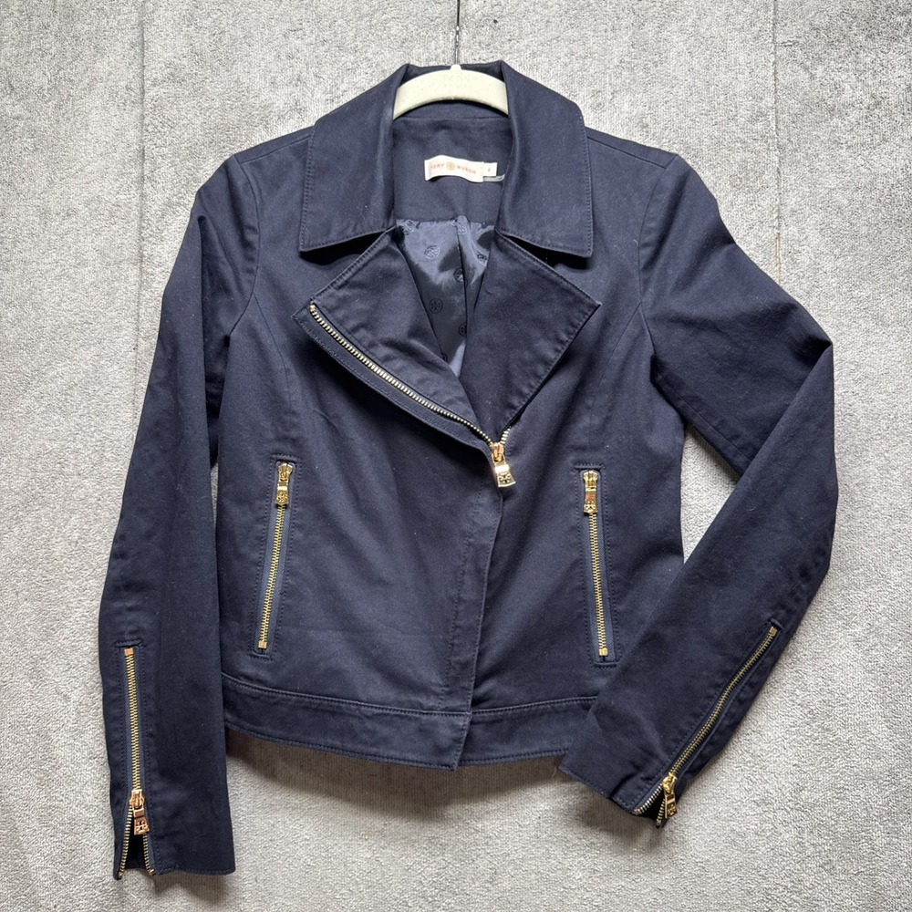 Tory Burch Navy Blue Moto Jacket Women's 0 Zip Up Preppy Style Blazer